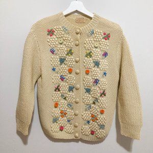 Vintage 100% Wool Floral Embroidered Knit Cardigan Sweater